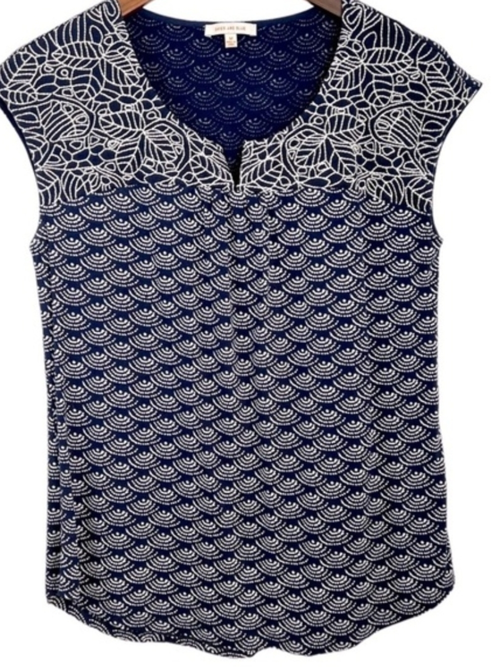 Skies Are Blue Navy and White Printed Cap-Sleeve Blouse